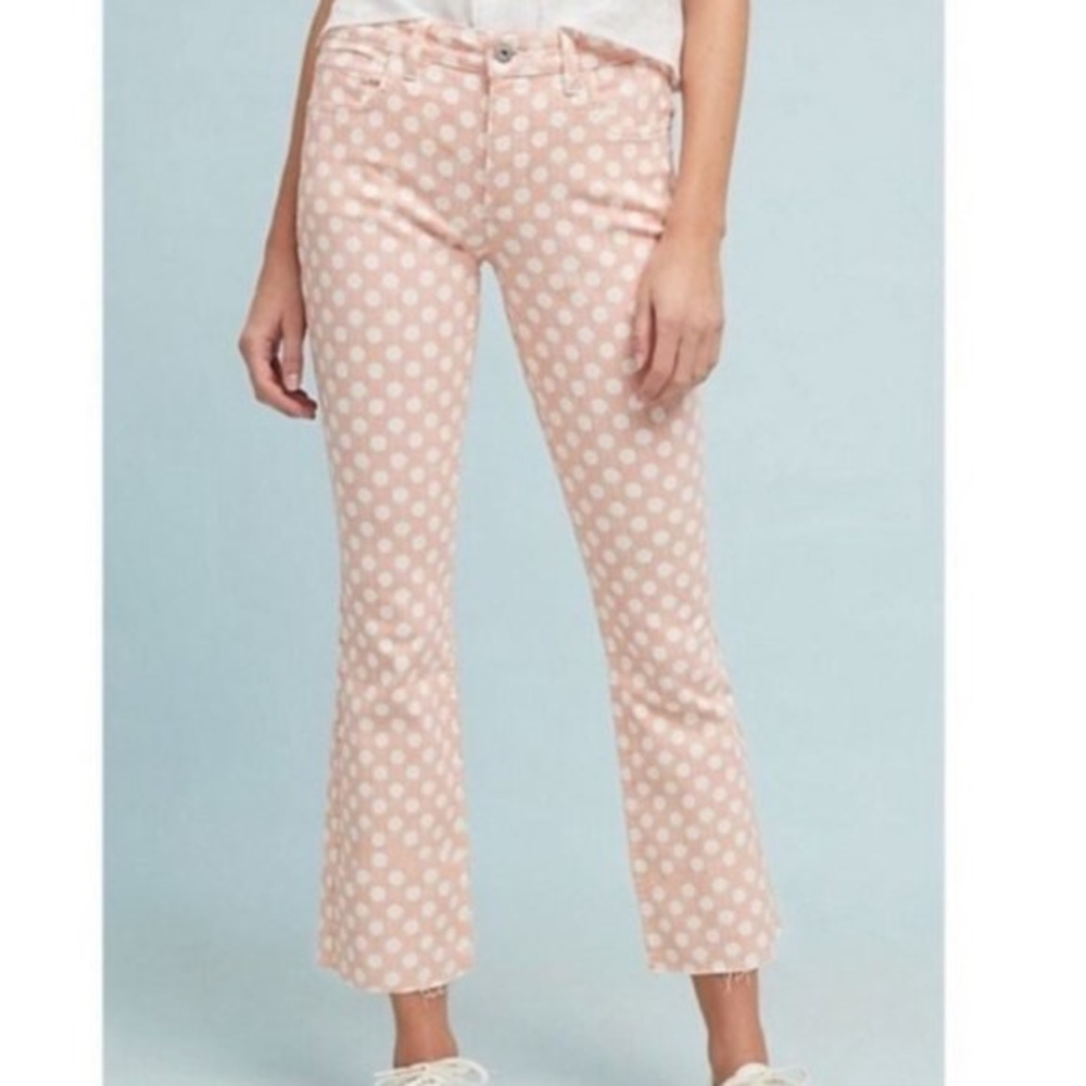 Anthropologie Pilcro High Rise Bootcut Raw Hem Polka Dot Coral Jeans Pants 31